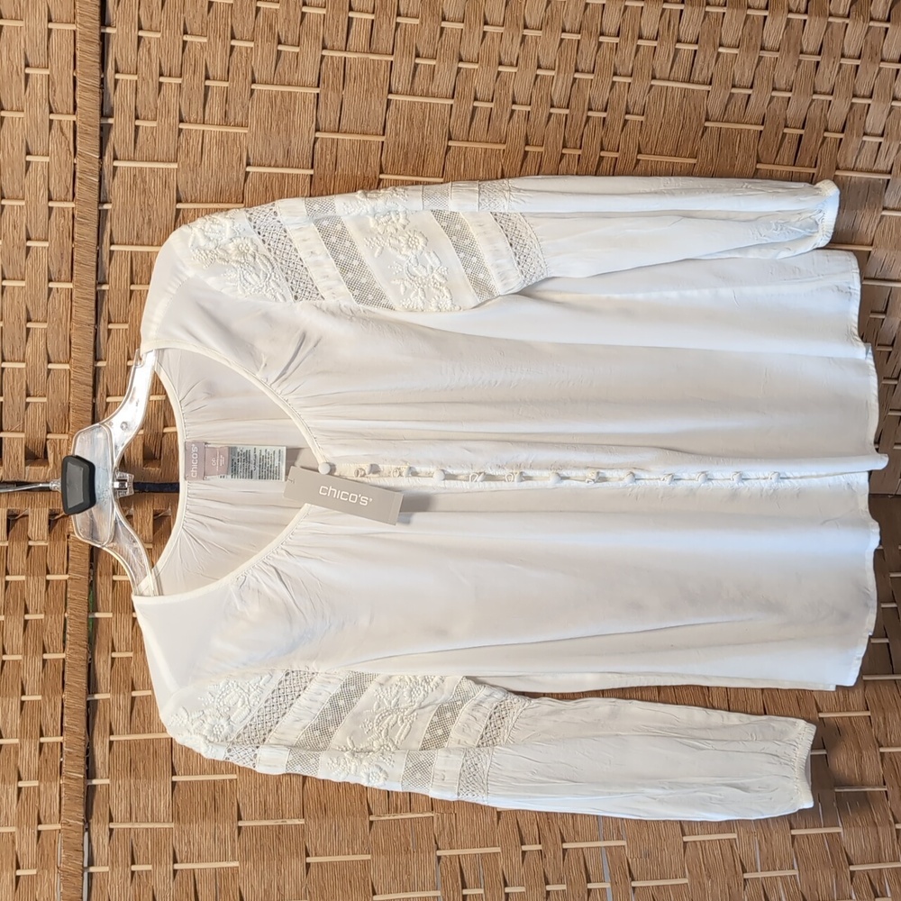 Chico’s Boho Embroidered White Blouse Sheer Lace Sleeves NWT - Picture 2 of 5